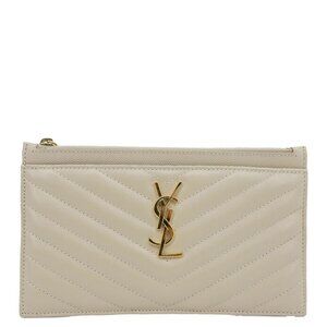 Yves Saint Laurent Monogram Bill Grain De Poudre Chevron Leather Zip Pouch Beige